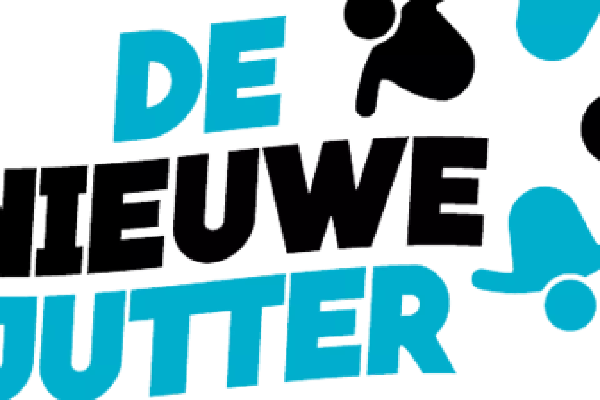 Logo van "De Nieuwe Jutter" met blauwe en zwarte tekst en abstracte figuren.